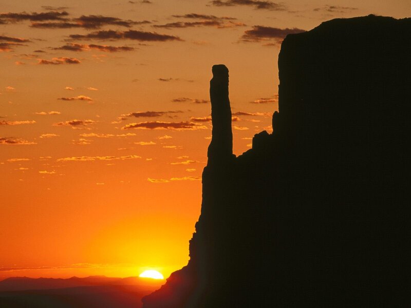 Rock Formation at Sunset — Orange, Dramatic, Photograph, Sun, Clouds, Mountains