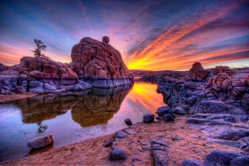 Rock Formation at Sunset — Orange, Dramatic, Photograph, Tree, River