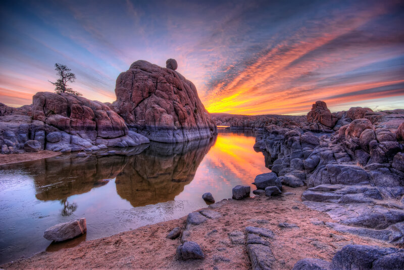 Rock Formation at Sunset — Orange, Dramatic, Photograph, Tree