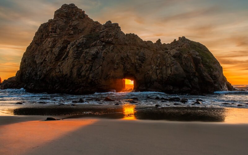 Rock Formation at Sunset — Orange, Serene, Photograph, Beach