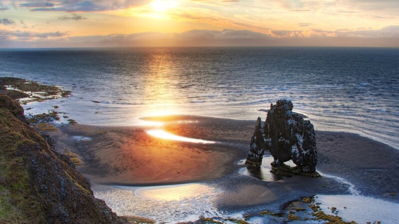 Rock Formation at Sunset — Orange, Serene, Photograph, Ocean