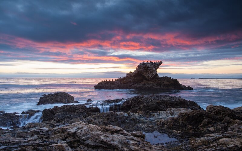 Rock Formation at Sunset — Purple, Dramatic, Photograph, Ocean, Clouds