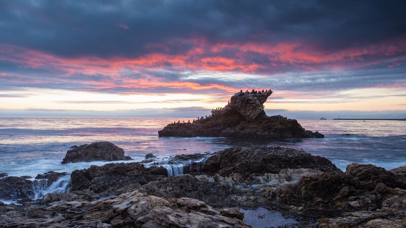 Rock Formation at Sunset — Purple, Dramatic, Photograph, Ocean, Sky