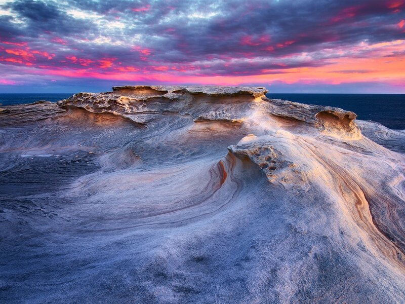 Rock Formation at Sunset — Purple, Dramatic, Photograph, Ocean