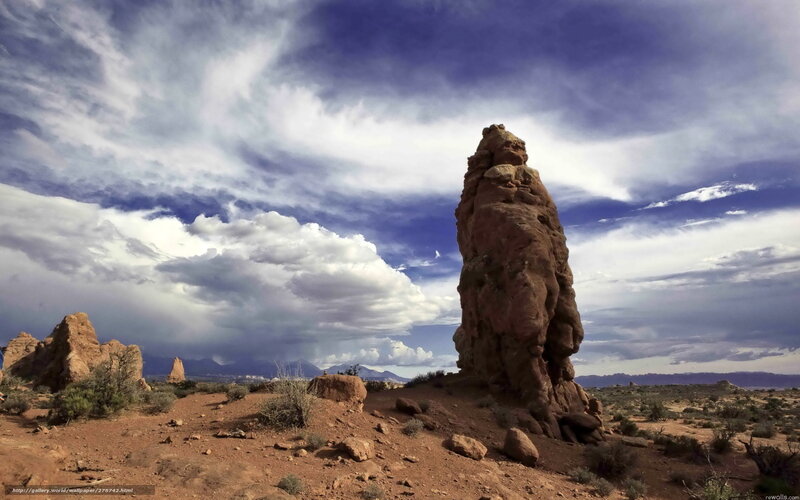 Rock Formation in Desert — Blue, Dramatic, Afternoon, Photograph, Clouds