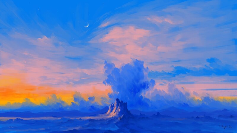 Rock Formation in Desert — Blue, Dramatic, Sunset, Digital Art, Clouds