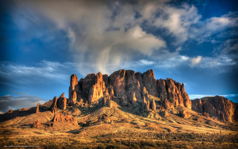 Rock Formation in Desert — Blue, Dramatic, Sunset, Photograph, Clouds
