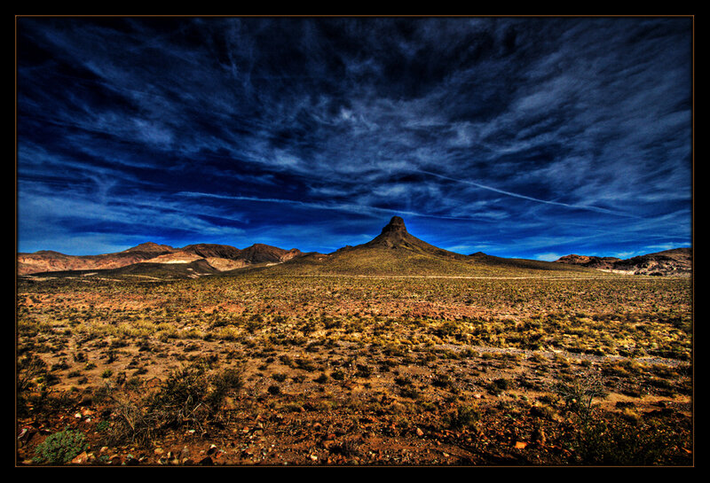Rock Formation in Desert — Blue, Dramatic, Sunset, Photograph, Mountains