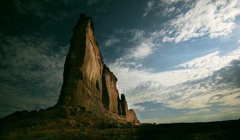 Rock Formation in Desert — Blue, Dramatic, Sunset, Photograph, Sky, Clouds, Brown