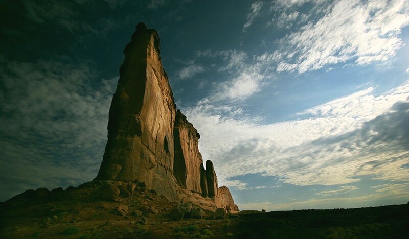 Rock Formation in Desert — Blue, Dramatic, Sunset, Photograph, Sky