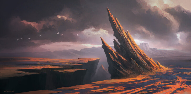 Rock Formation in Desert — Orange, Dramatic, Sunset, Digital Art