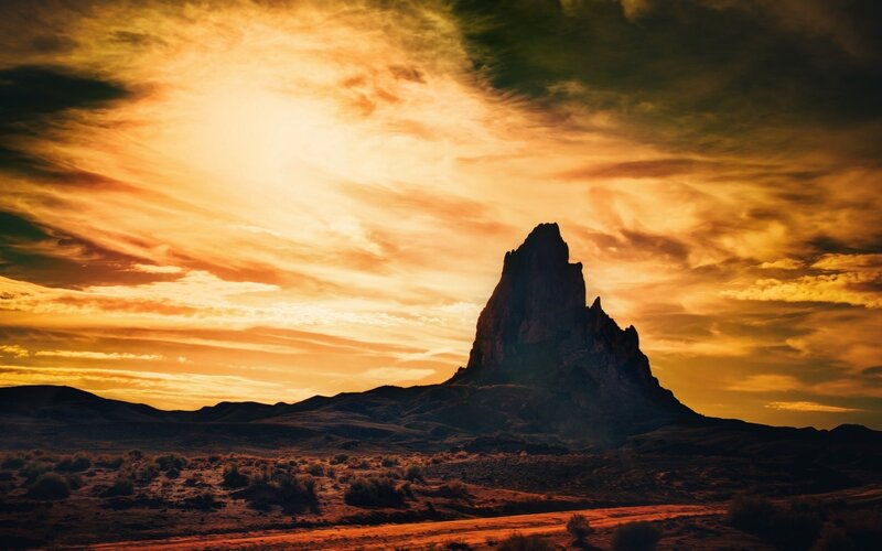 Rock Formation in Desert — Orange, Dramatic, Sunset, Photograph, Sky