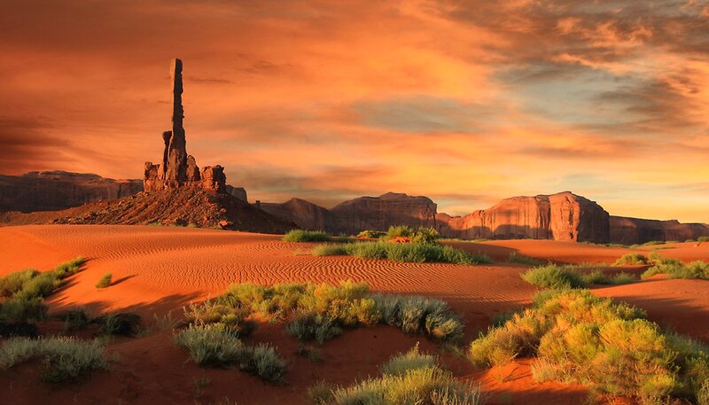 Rock Formation in Desert — Orange, Dramatic, Sunset, Photograph