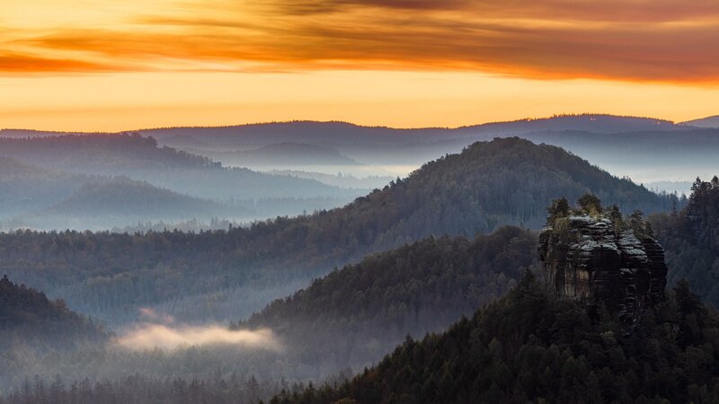 Rock Formation in Forest — Orange, Serene, Sunset