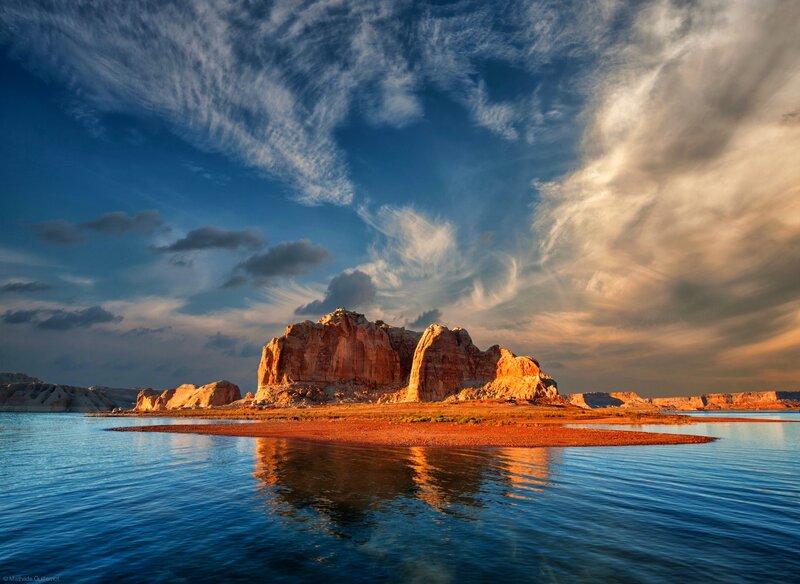 Rock Formation in Lake — Blue, Dramatic, Sunset, Photograph, Clouds