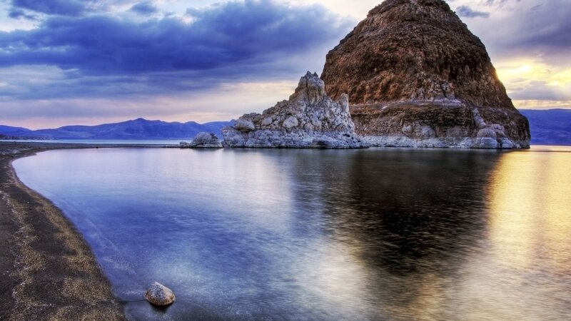 Rock Formation in Lake — Blue, Dramatic, Sunset, Photograph