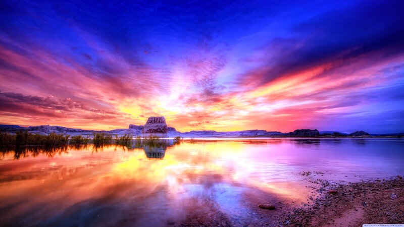 Rock Formation in Lake — Blue, Dramatic, Sunset