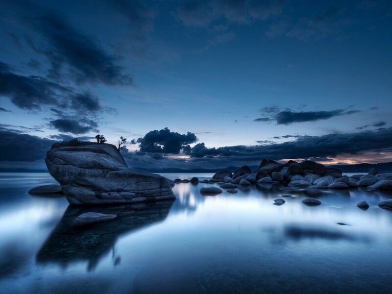Rock Formation in Lake — Blue, Serene, Night, Photograph, Rocks