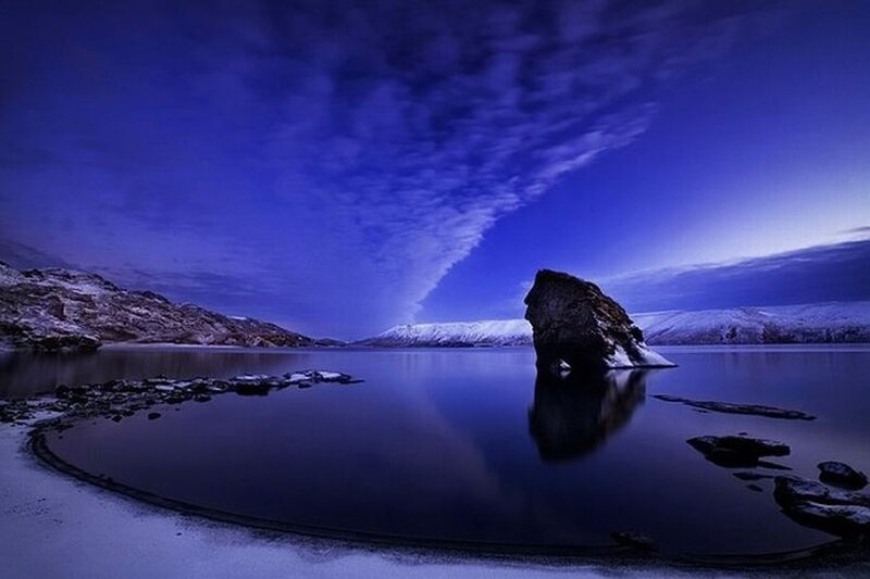 Rock Formation in Lake — Blue, Serene, Night