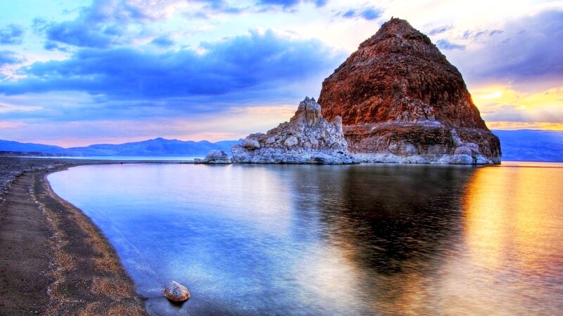 Rock Formation in Lake — Blue, Serene, Sunset, Photograph, Mountains