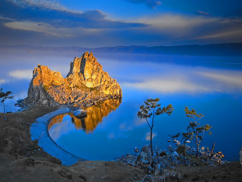Rock Formation in Lake — Blue, Serene, Sunset