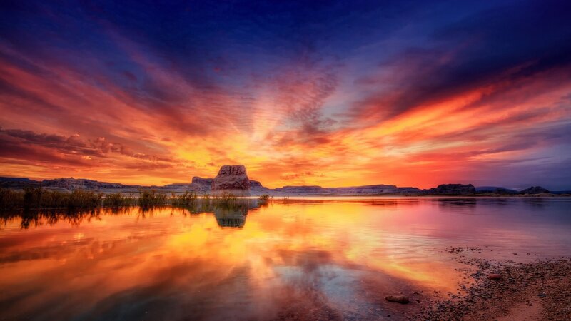 Rock Formation in Lake — Orange, Dramatic, Sunset, Photograph, Sky, Clouds