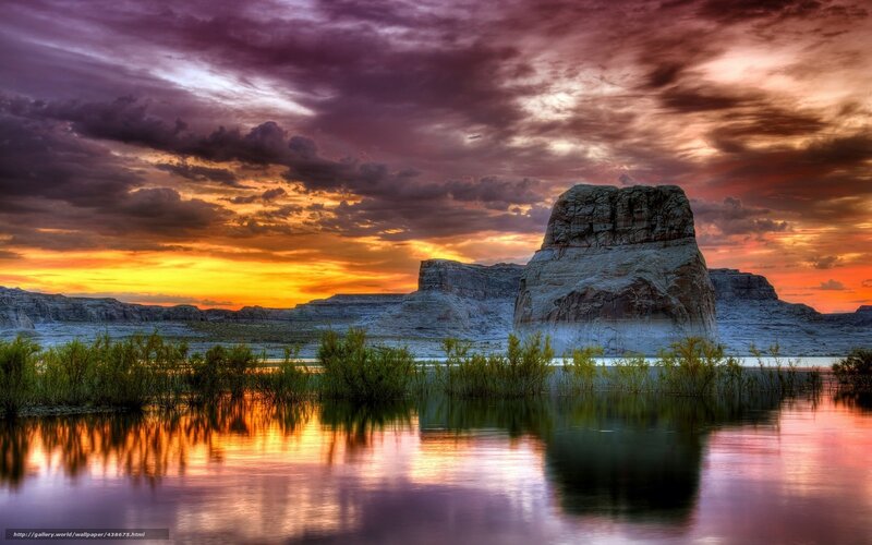 Rock Formation in Lake — Orange, Dramatic, Sunset, Photograph, Sky, Plants