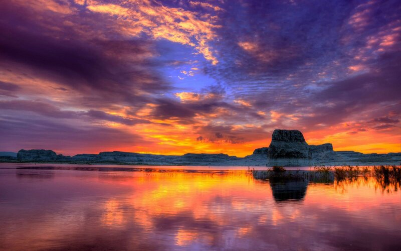 Rock Formation in Lake — Orange, Dramatic, Sunset, Photograph, Sky