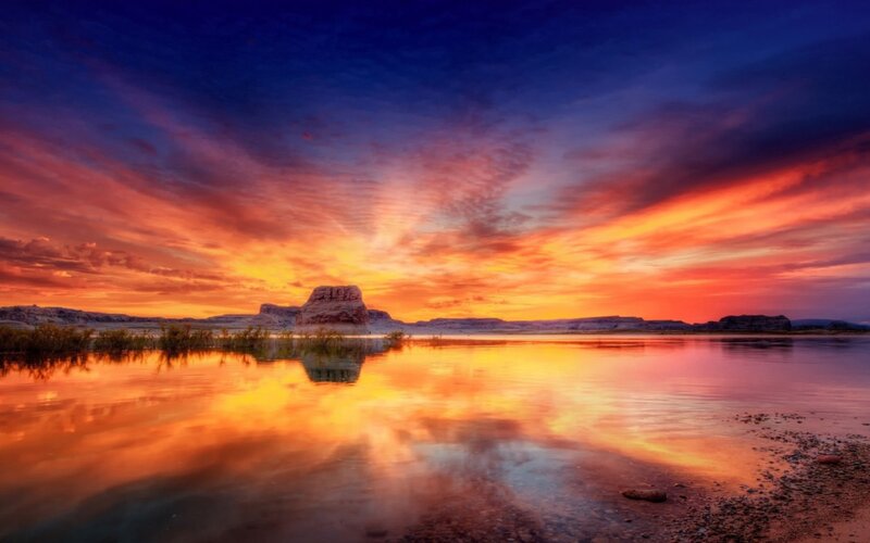 Rock Formation in Lake — Orange, Dramatic, Sunset, Photograph