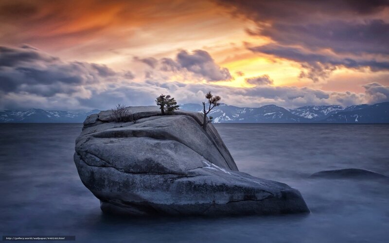 Rock Formation in Lake — Orange, Dramatic, Sunset, Photograph, Tree