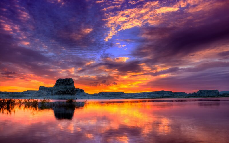 Rock Formation in Lake — Purple, Dramatic, Sunset, Photograph, Clouds