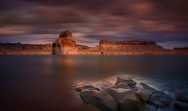 Rock Formation in Lake — Purple, Dramatic, Sunset, Photograph, Rocks