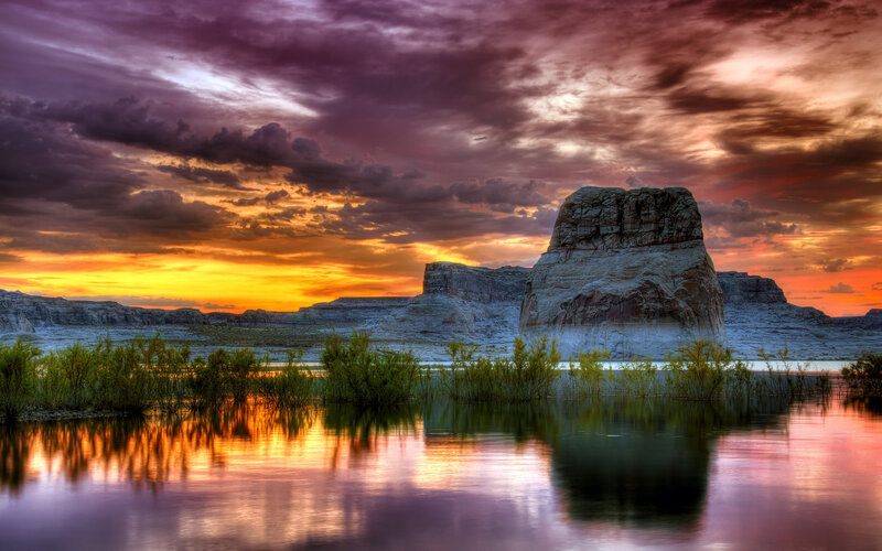 Rock Formation in Lake — Purple, Dramatic, Sunset, Photograph