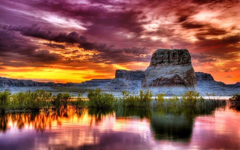 Rock Formation in Lake — Purple, Dramatic