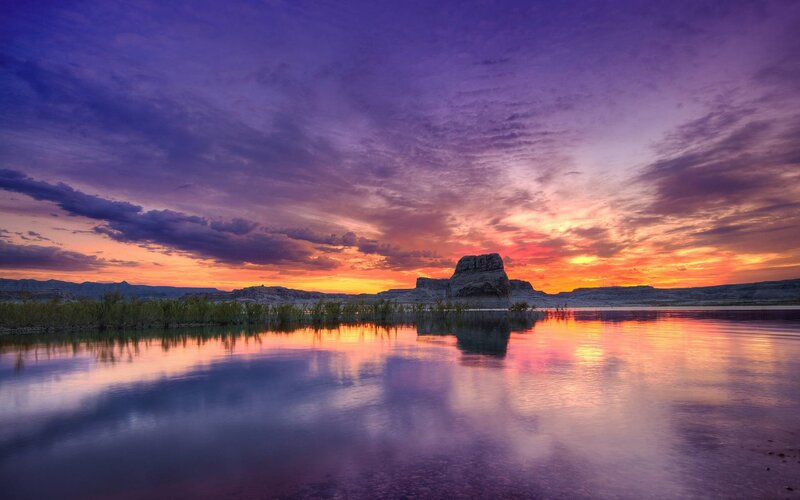 Rock Formation in Lake — Purple, Serene, Sunset