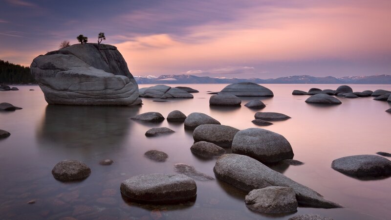 Rock Formation in Lake — Purple, Serene