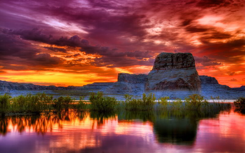 Rock Formation in Lake — Red, Dramatic, Sunset