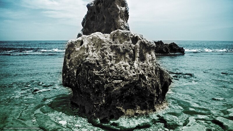 Rock Formation in Ocean — Blue, Dramatic, Photograph, Sky