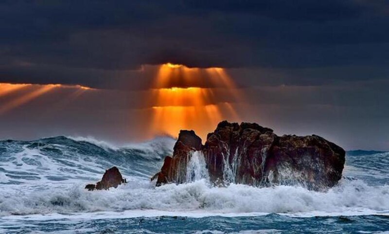 Rock Formation in Ocean — Blue, Dramatic, Sunset, Photograph, Waves