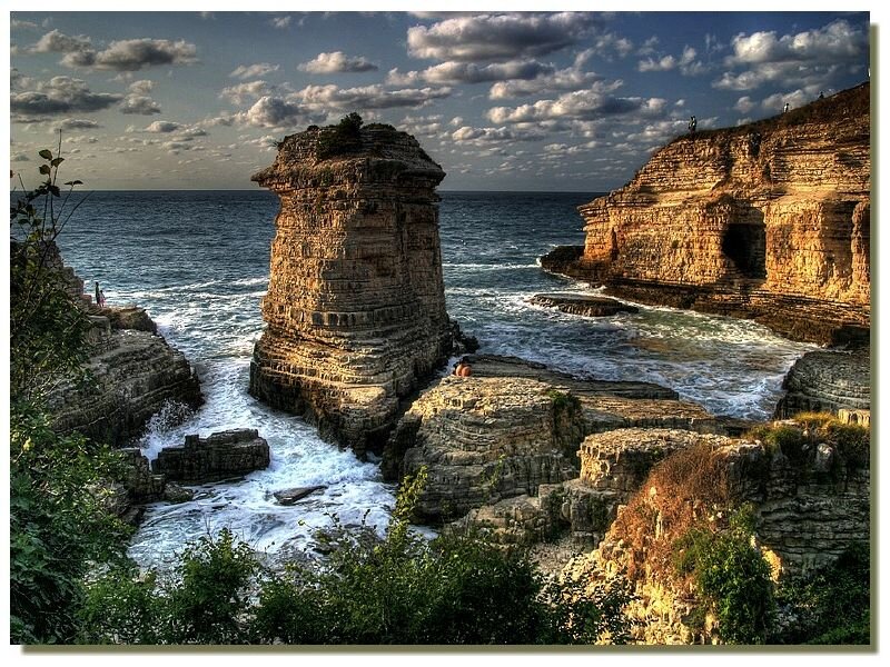 Rock Formation in Ocean — Blue, Dramatic, Sunset