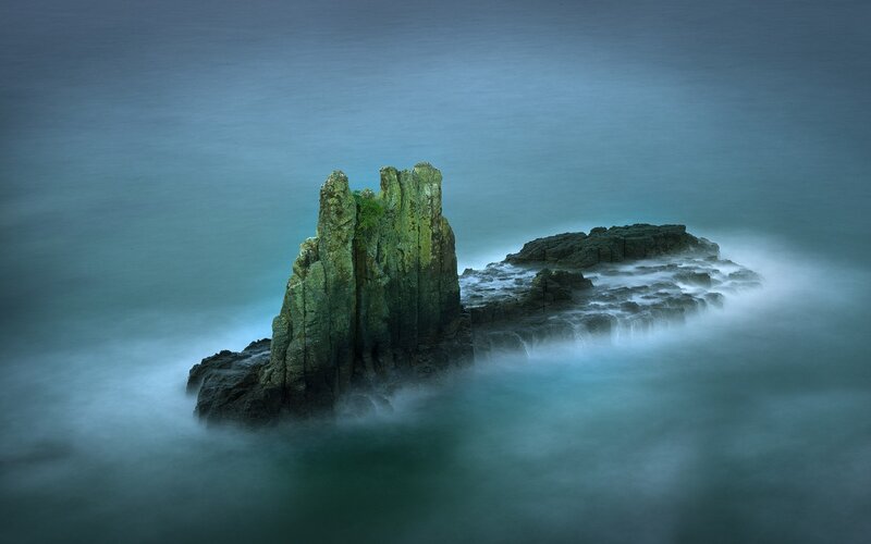 Rock Formation in Ocean — Blue, Serene, Photograph, Waves