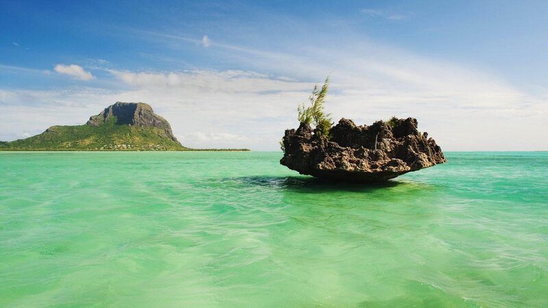 Rock Formation in Ocean — Green, Serene, Afternoon, Photograph, Island