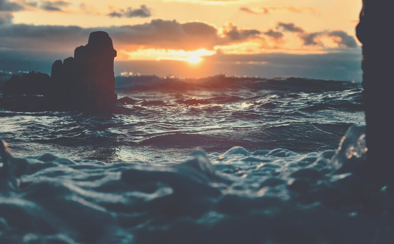 Rock Formation in Ocean — Orange, Dramatic, Sunset, Photograph