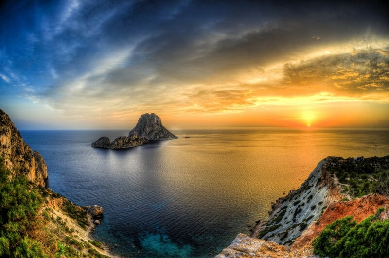 Rock Formation in Sea — Blue, Dramatic, Sunset