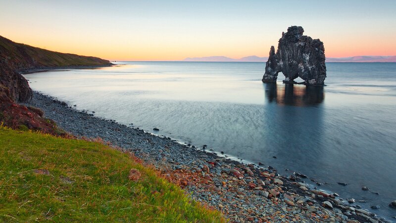 Rock Formation in Sea — Blue, Serene, Sunset, Photograph, Shore