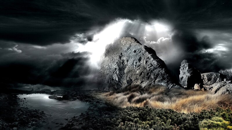 Rock Formation in Storm — Black, Dramatic, Night, Photograph, Clouds, River, Grass