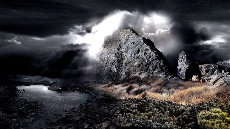 Rock Formation in Storm — Black, Dramatic, Night