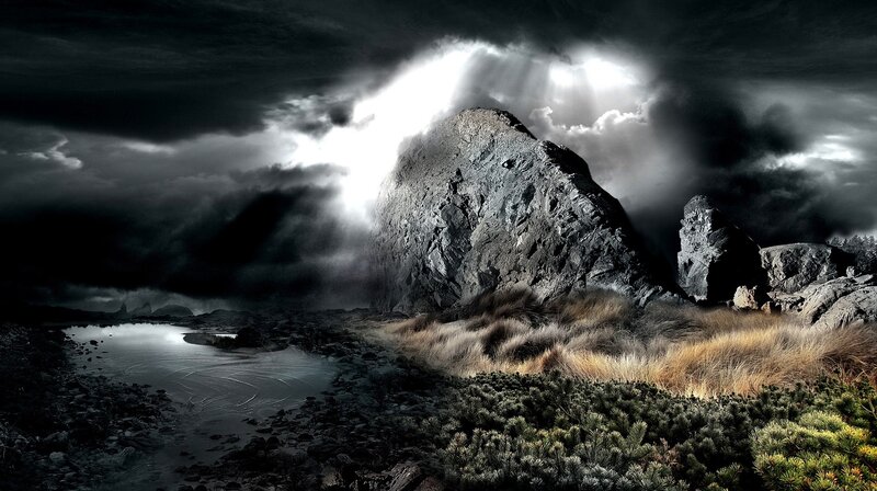 Rock Formation in Storm — Black, Dramatic, Photograph, Clouds
