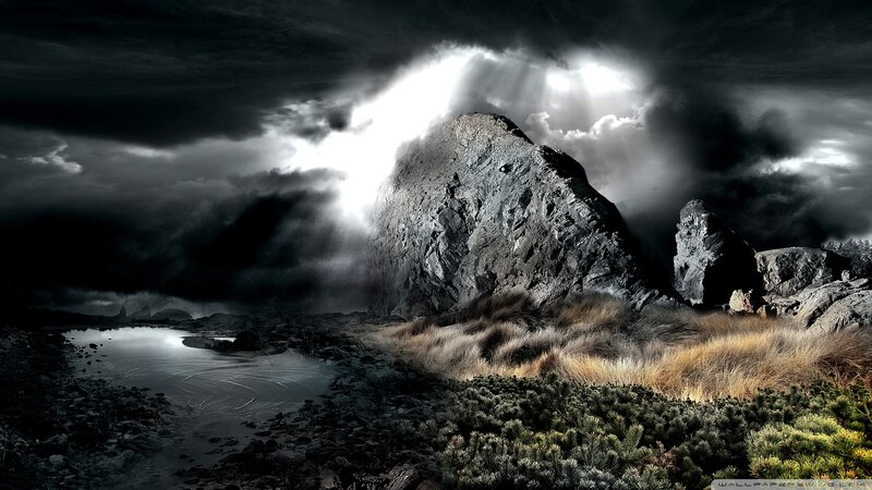 Rock Formation in Storm — Black, Dramatic