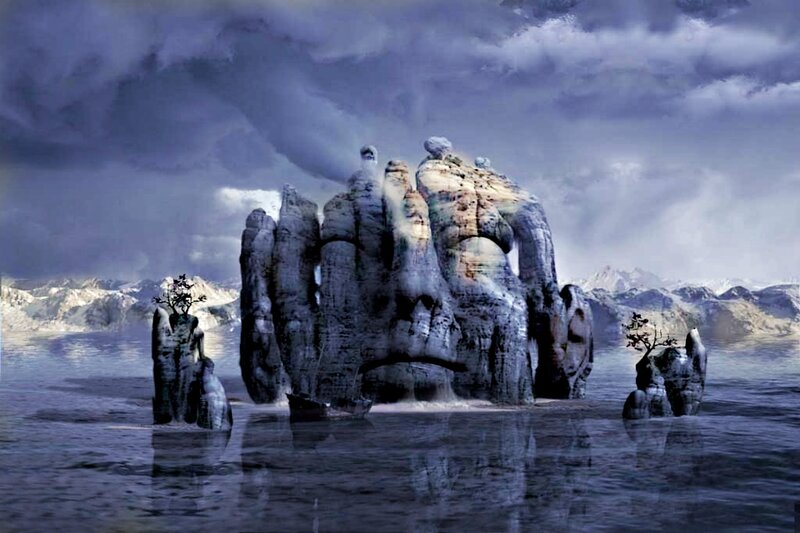 Rock Formation in Water — Blue, Dramatic, Digital Art